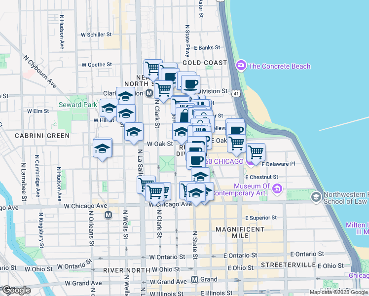 map of restaurants, bars, coffee shops, grocery stores, and more near 24 West Walton Street in Chicago