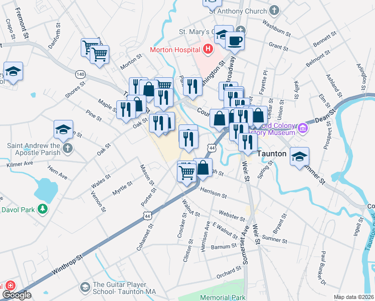 map of restaurants, bars, coffee shops, grocery stores, and more near 71 Cohannet Street in Taunton