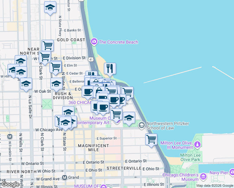 map of restaurants, bars, coffee shops, grocery stores, and more near 231 East Lake Shore Drive in Chicago