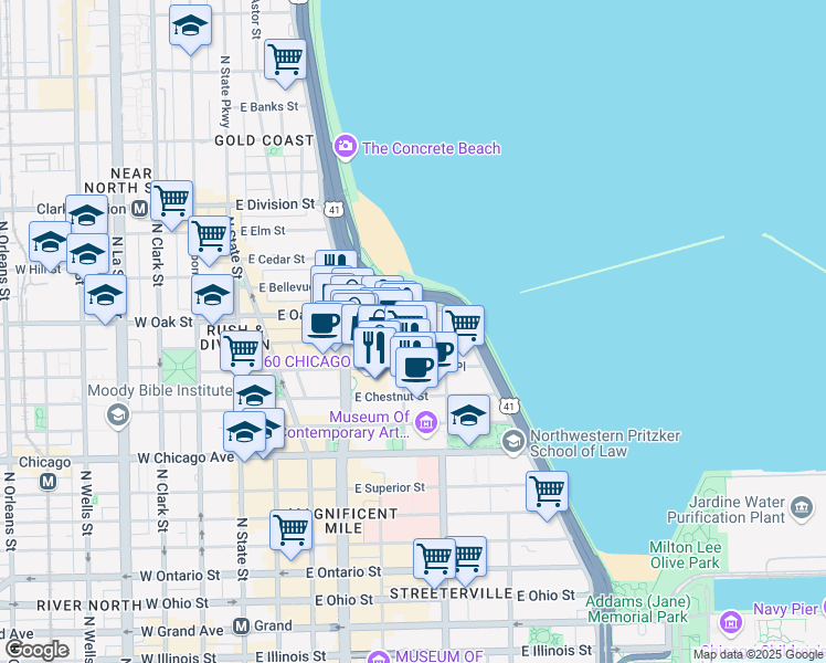 map of restaurants, bars, coffee shops, grocery stores, and more near 231 East Lake Shore Drive in Chicago