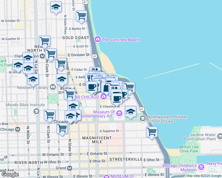 map of restaurants, bars, coffee shops, grocery stores, and more near 100-298 East Lake Shore Drive in Chicago