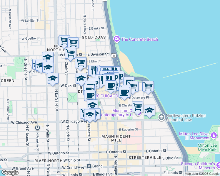 map of restaurants, bars, coffee shops, grocery stores, and more near 106 East Oak Street in Chicago