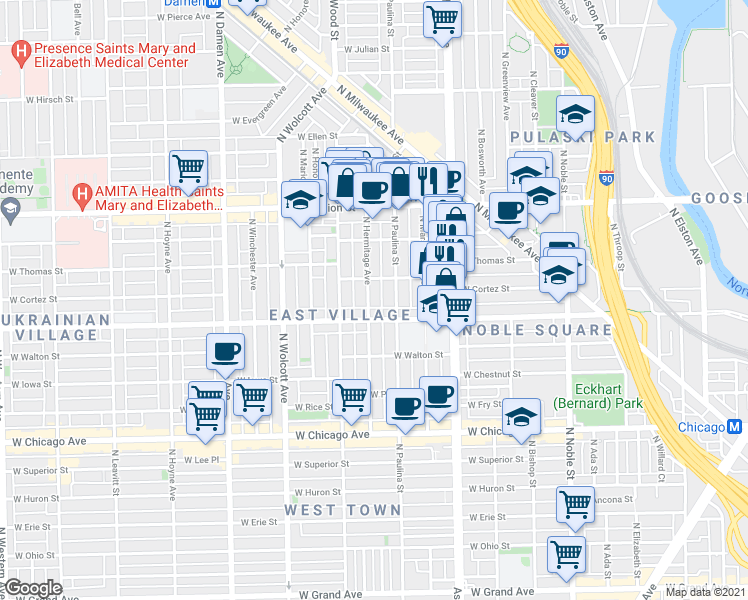 map of restaurants, bars, coffee shops, grocery stores, and more near 1716 West Cortez Street in Chicago