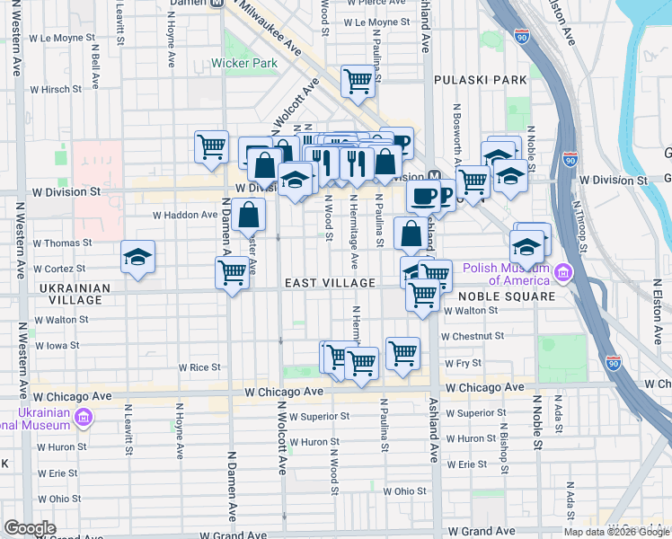 map of restaurants, bars, coffee shops, grocery stores, and more near 1049 North Wood Street in Chicago