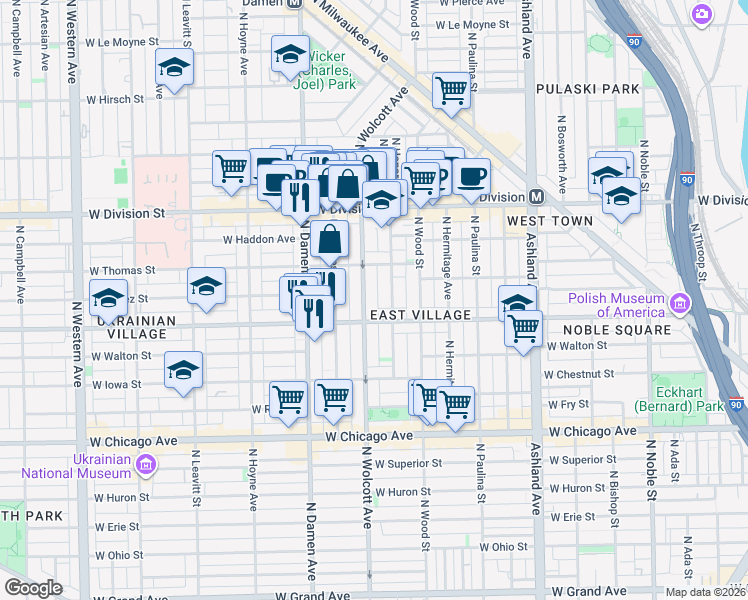 map of restaurants, bars, coffee shops, grocery stores, and more near 1048 North Wolcott Avenue in Chicago