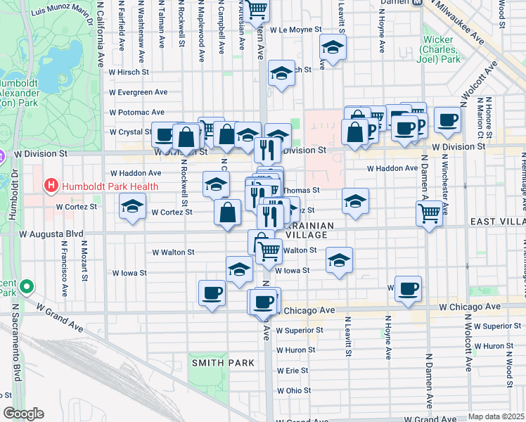 map of restaurants, bars, coffee shops, grocery stores, and more near 1061 North Western Avenue in Chicago