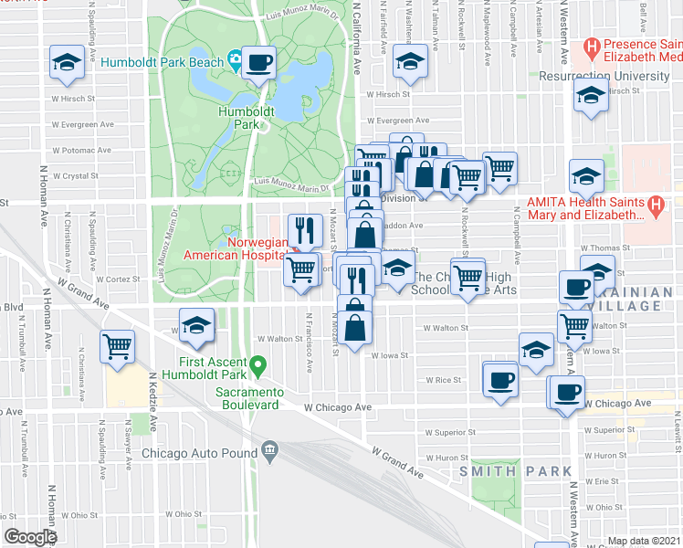 map of restaurants, bars, coffee shops, grocery stores, and more near 2815 West Thomas Street in Chicago