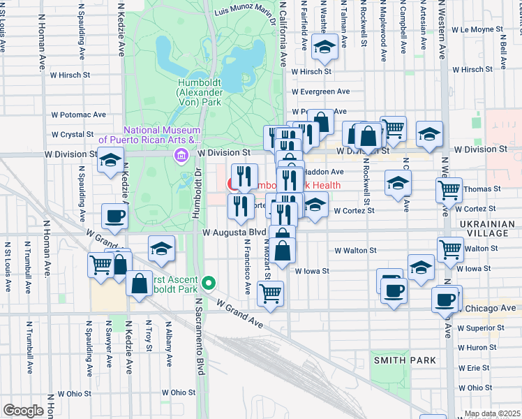 map of restaurants, bars, coffee shops, grocery stores, and more near 1057 North Francisco Avenue in Chicago