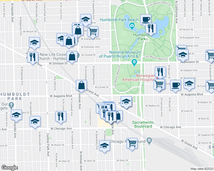 map of restaurants, bars, coffee shops, grocery stores, and more near 3226 West Thomas Street in Chicago
