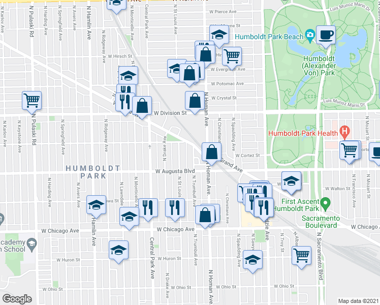 map of restaurants, bars, coffee shops, grocery stores, and more near 1108 North Homan Avenue in Chicago