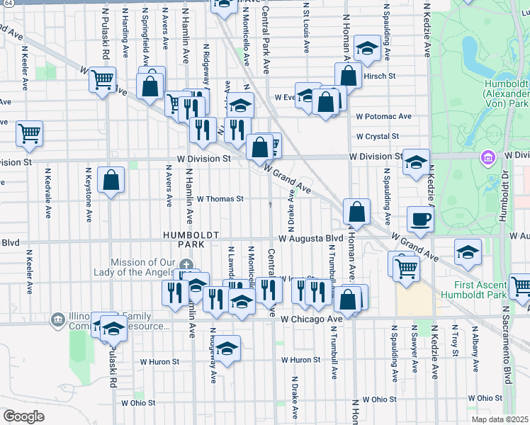 map of restaurants, bars, coffee shops, grocery stores, and more near 1100 North Central Park Avenue in Chicago