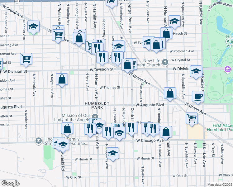 map of restaurants, bars, coffee shops, grocery stores, and more near 3656 West Thomas Street in Chicago
