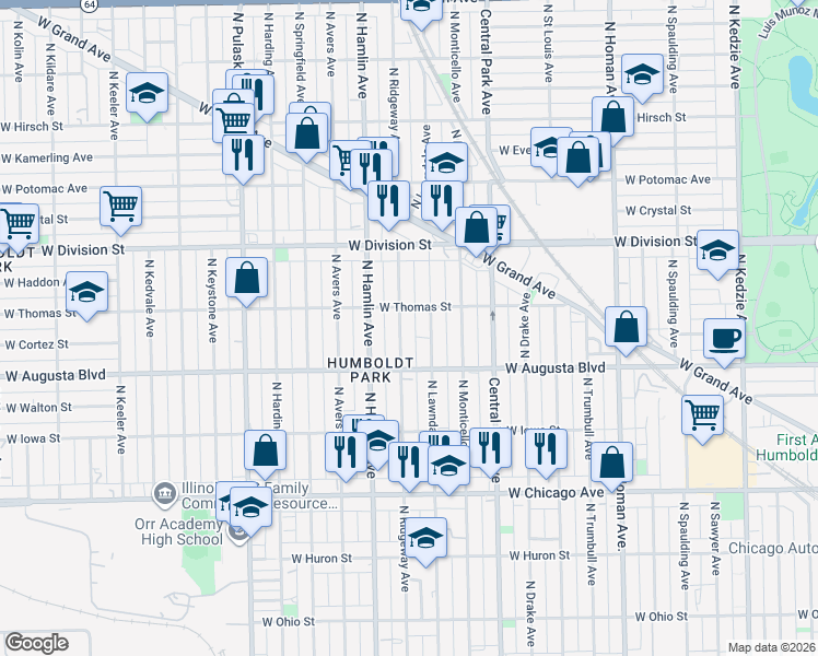 map of restaurants, bars, coffee shops, grocery stores, and more near 1101 North Ridgeway Avenue in Chicago