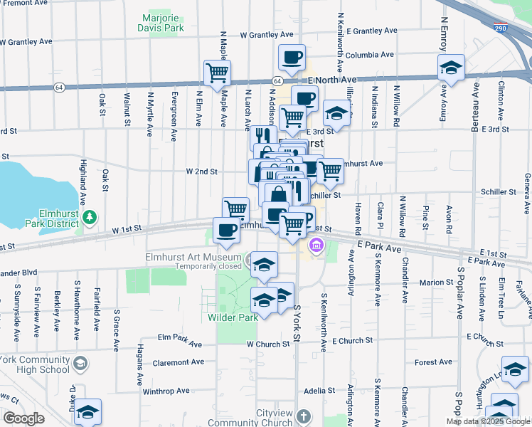 map of restaurants, bars, coffee shops, grocery stores, and more near 128 North Addison Avenue in Elmhurst
