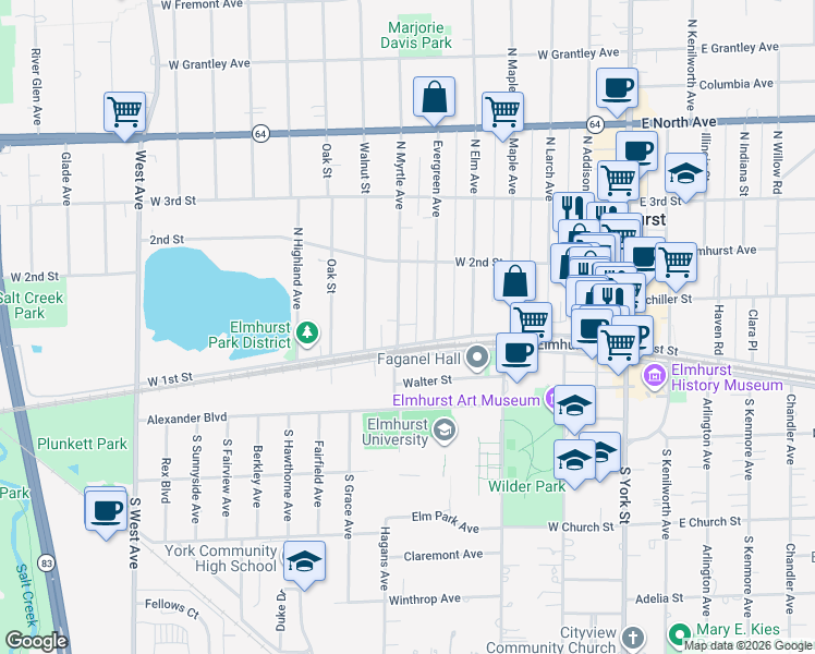 map of restaurants, bars, coffee shops, grocery stores, and more near 132 Evergreen Avenue in Elmhurst