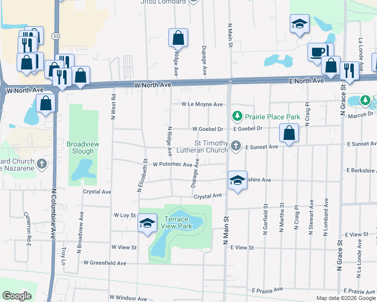 map of restaurants, bars, coffee shops, grocery stores, and more near 120 West Sunset Avenue in Lombard
