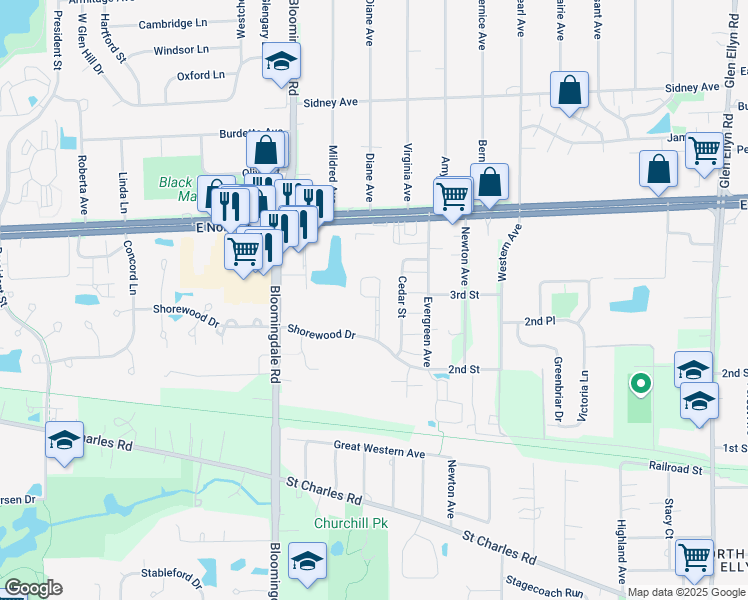 map of restaurants, bars, coffee shops, grocery stores, and more near 1168 Shorewood Court in Glendale Heights