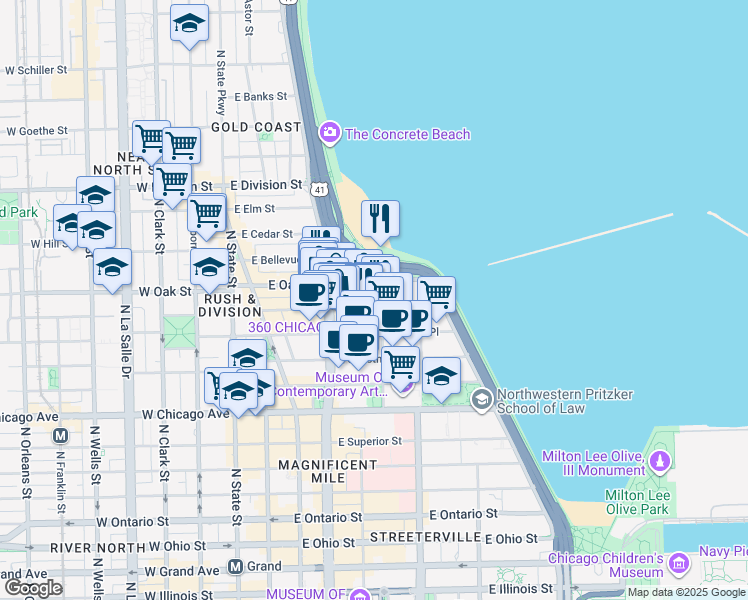 map of restaurants, bars, coffee shops, grocery stores, and more near 190 East Walton Place in Chicago