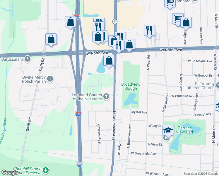 map of restaurants, bars, coffee shops, grocery stores, and more near 1N618 Illinois 53 in Lombard