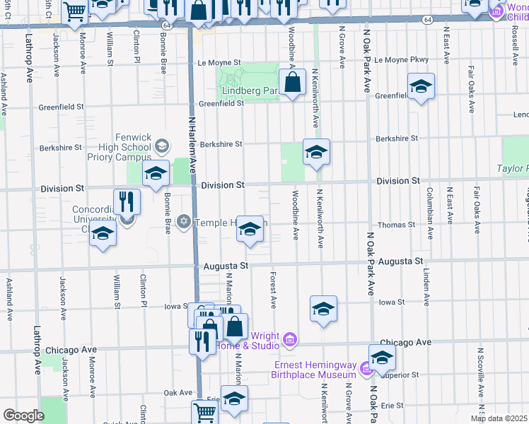 map of restaurants, bars, coffee shops, grocery stores, and more near 813 Forest Avenue in Oak Park