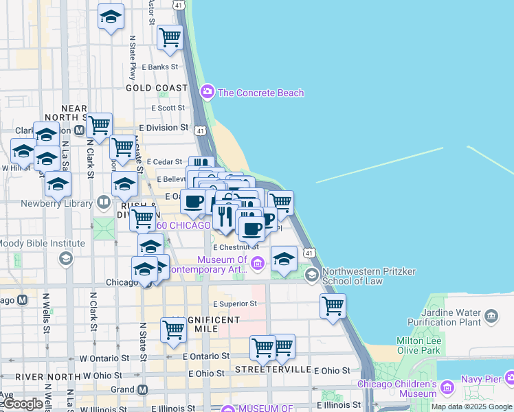 map of restaurants, bars, coffee shops, grocery stores, and more near 220 East Walton Place in Chicago