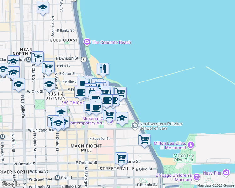 map of restaurants, bars, coffee shops, grocery stores, and more near 990 North Lake Shore Drive in Chicago