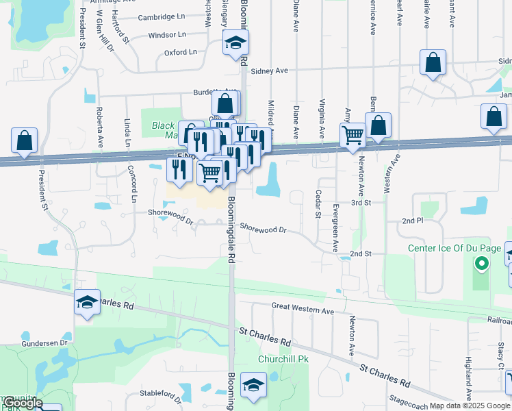 map of restaurants, bars, coffee shops, grocery stores, and more near 1123 Bloomingdale Road in Glendale Heights