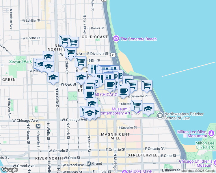 map of restaurants, bars, coffee shops, grocery stores, and more near 106 East Oak Street in Chicago
