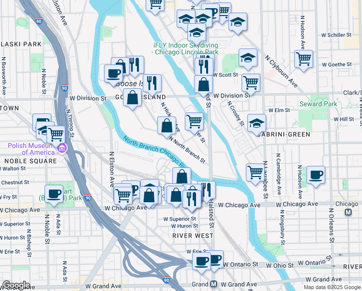 map of restaurants, bars, coffee shops, grocery stores, and more near 940 North North Branch Street in Chicago