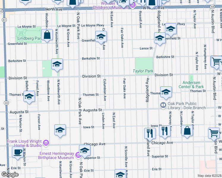 map of restaurants, bars, coffee shops, grocery stores, and more near 831 North East Avenue in Oak Park