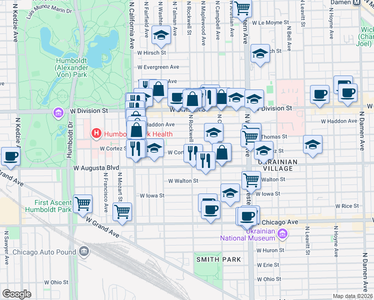 map of restaurants, bars, coffee shops, grocery stores, and more near 2625 West Thomas Street in Chicago