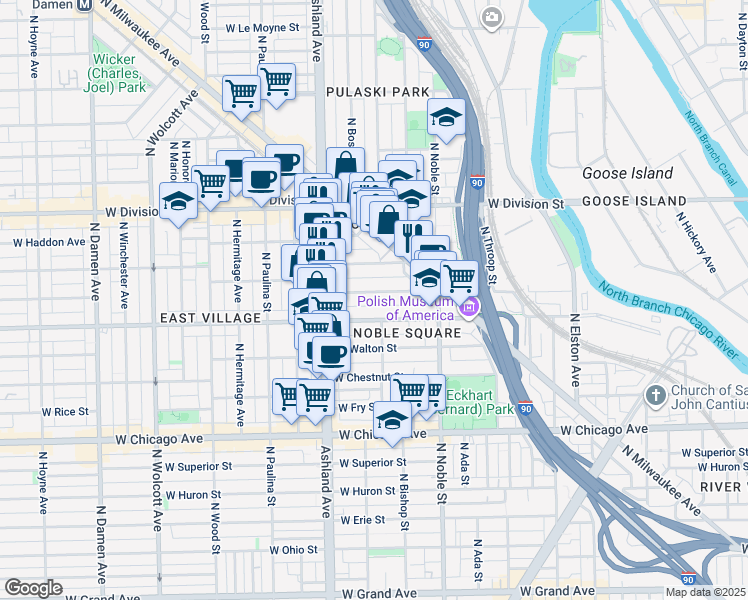 map of restaurants, bars, coffee shops, grocery stores, and more near 1528 West Cortez Street in Chicago