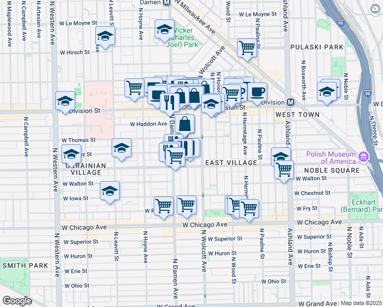 map of restaurants, bars, coffee shops, grocery stores, and more near 1048 North Wolcott Avenue in Chicago