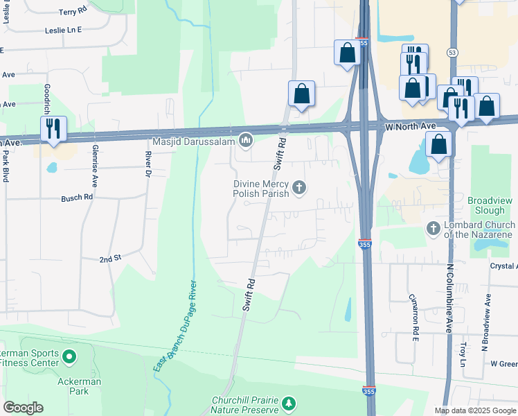 map of restaurants, bars, coffee shops, grocery stores, and more near 972 Tanager Court in Lombard