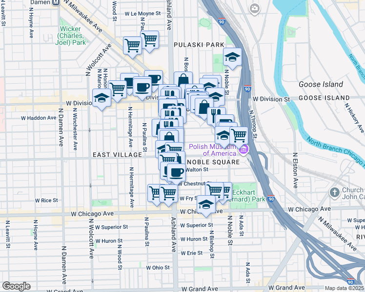 map of restaurants, bars, coffee shops, grocery stores, and more near 1528 West Cortez Street in Chicago