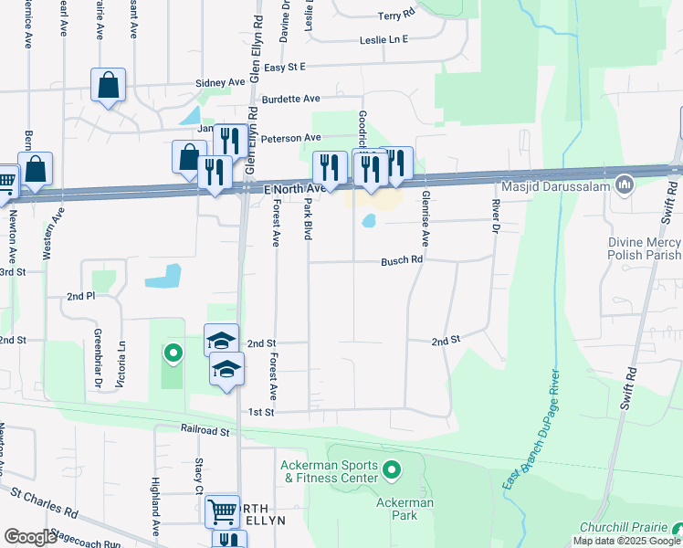 map of restaurants, bars, coffee shops, grocery stores, and more near 22W248 Busch Road in Glen Ellyn