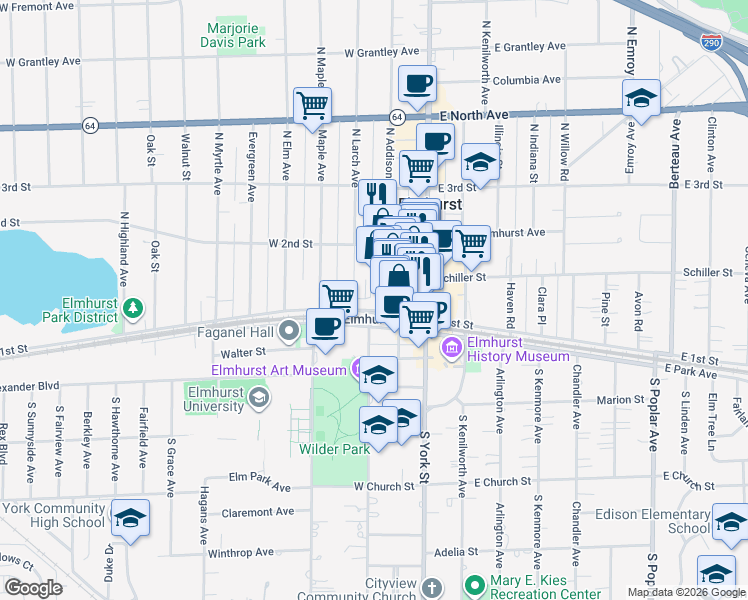 map of restaurants, bars, coffee shops, grocery stores, and more near 100 North Addison Avenue in Elmhurst