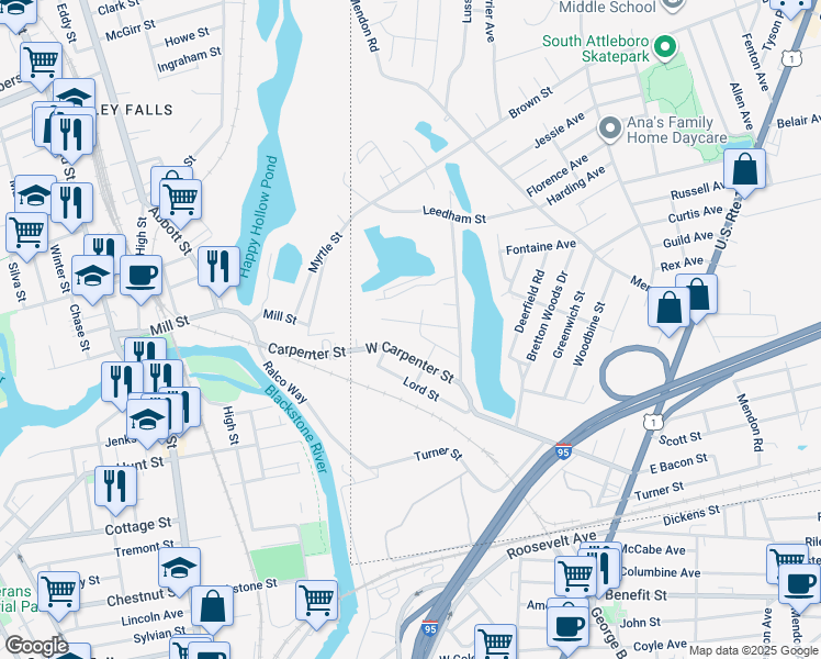 map of restaurants, bars, coffee shops, grocery stores, and more near 37 Lawn Street in Attleboro