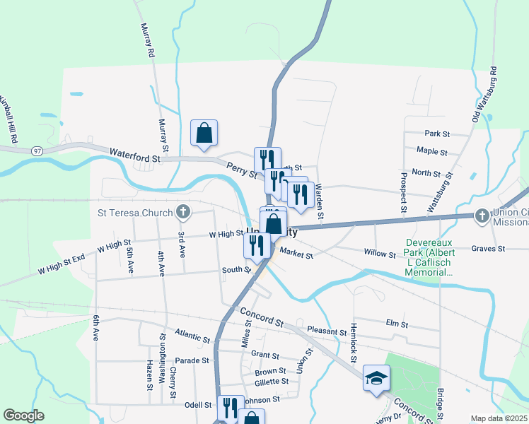map of restaurants, bars, coffee shops, grocery stores, and more near 68 N Main St in Union City