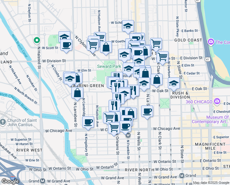 map of restaurants, bars, coffee shops, grocery stores, and more near 1000 North Orleans Street in Chicago