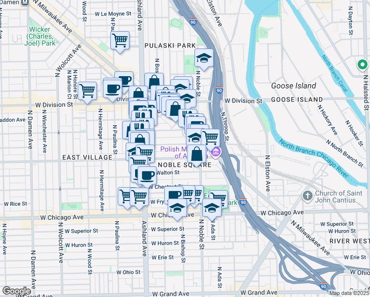 map of restaurants, bars, coffee shops, grocery stores, and more near 1450 West Cortez Street in Chicago