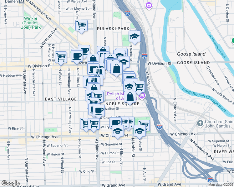 map of restaurants, bars, coffee shops, grocery stores, and more near 1450 West Cortez Street in Chicago