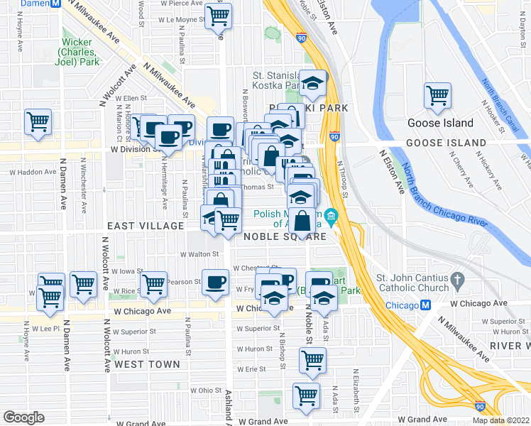 map of restaurants, bars, coffee shops, grocery stores, and more near 1450 West Cortez Street in Chicago