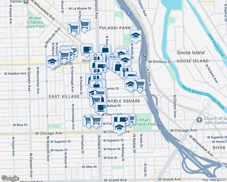 map of restaurants, bars, coffee shops, grocery stores, and more near 1528 West Cortez Street in Chicago