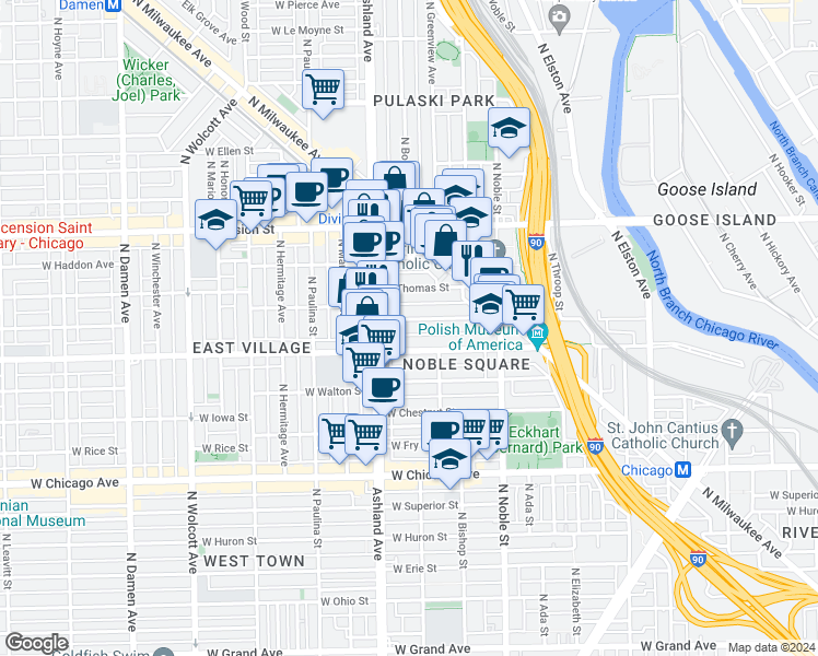 map of restaurants, bars, coffee shops, grocery stores, and more near 1528 West Cortez Street in Chicago