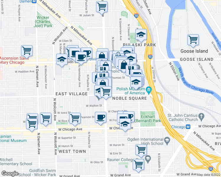 map of restaurants, bars, coffee shops, grocery stores, and more near 1528 West Cortez Street in Chicago