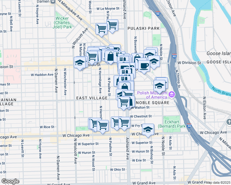 map of restaurants, bars, coffee shops, grocery stores, and more near 1040 North Marshfield Avenue in Chicago