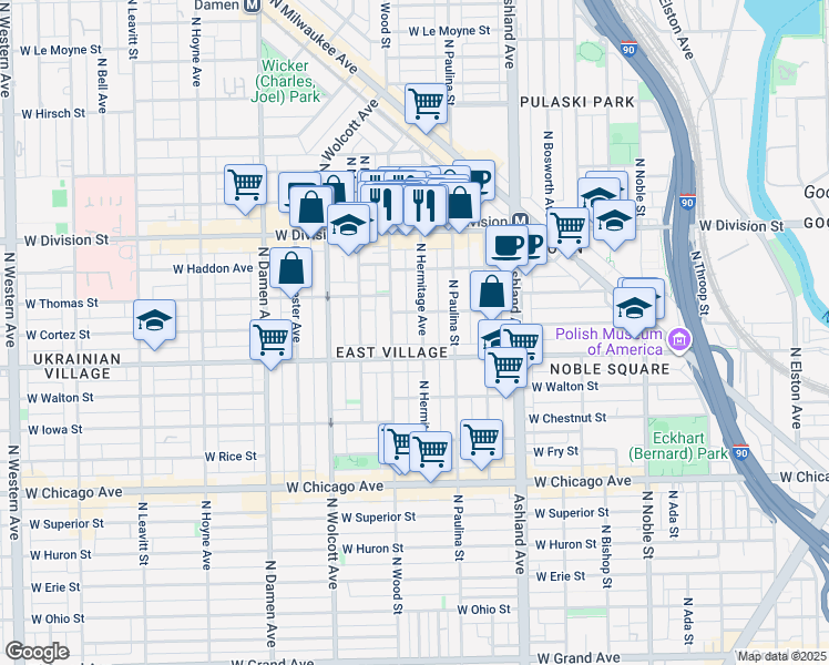 map of restaurants, bars, coffee shops, grocery stores, and more near 1049 North Wood Street in Chicago