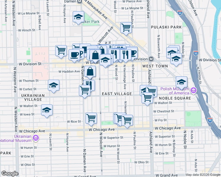 map of restaurants, bars, coffee shops, grocery stores, and more near 1048 North Honore Street in Chicago