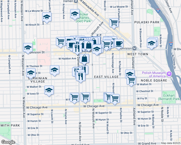map of restaurants, bars, coffee shops, grocery stores, and more near 1048 North Wolcott Avenue in Chicago